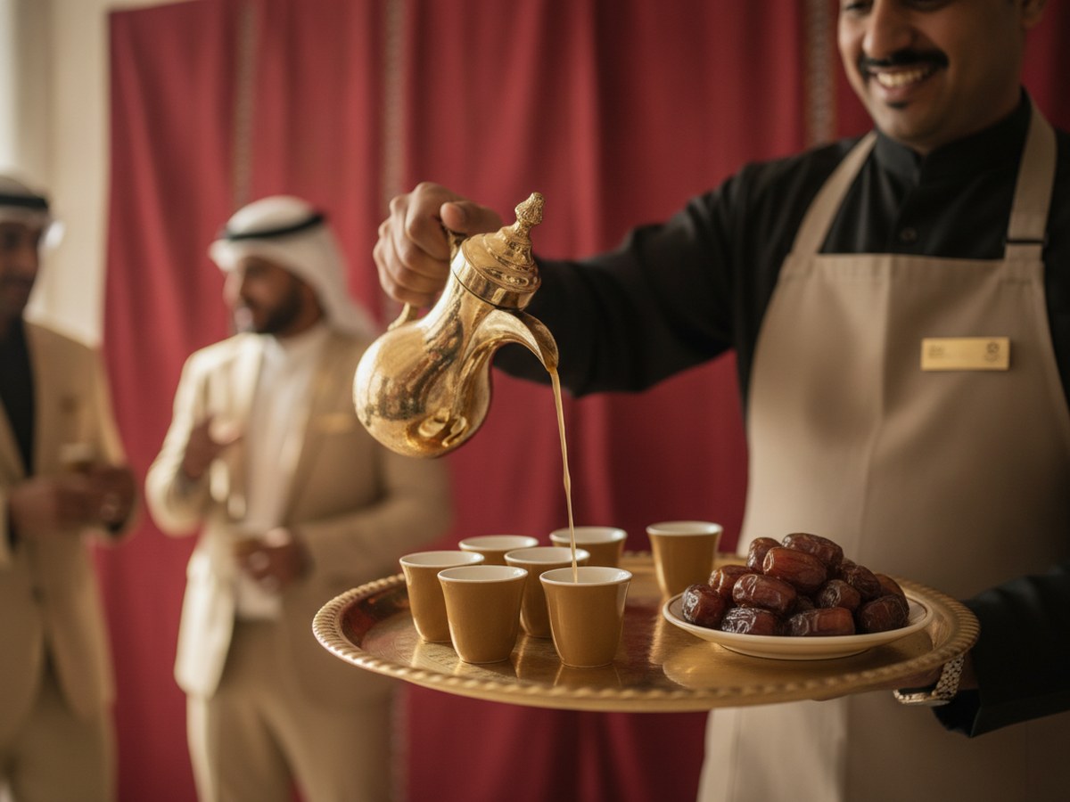 Gahwaji pouring Arabic coffee from a dallah