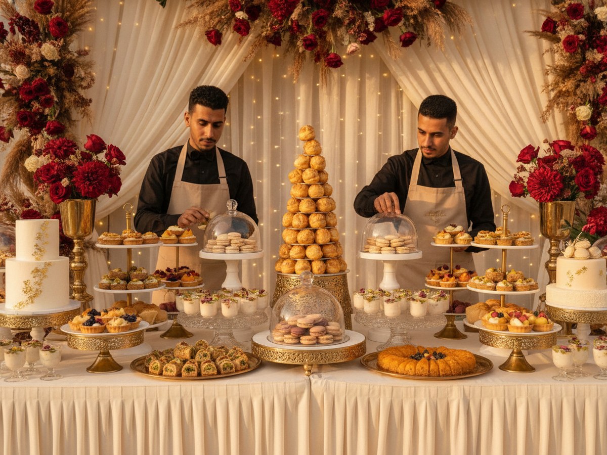 Signature dessert table by the Cake Shop with croquembouche centerpiece