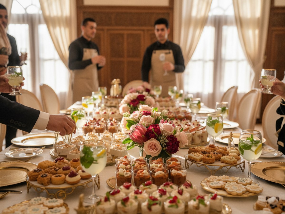 Engagement party table with florals and canapés