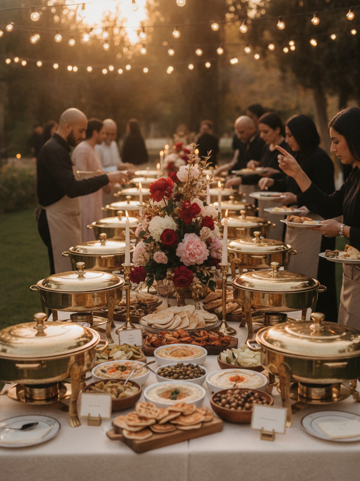 Candlelit wedding buffet line with brass chafers