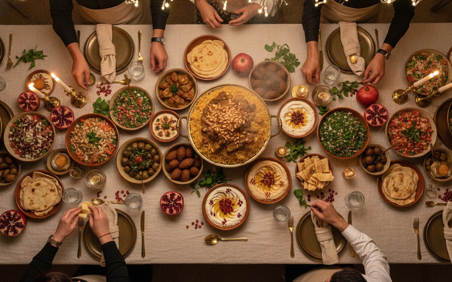 Overhead view of a full Jordanian wedding table set by Lammeh