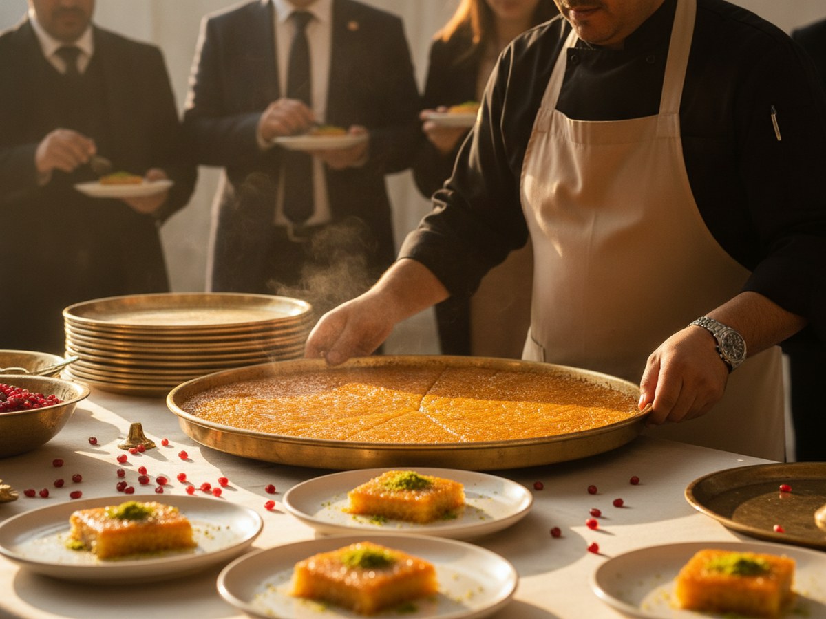 Chef flipping fresh kunafa on a brass tray at a live station