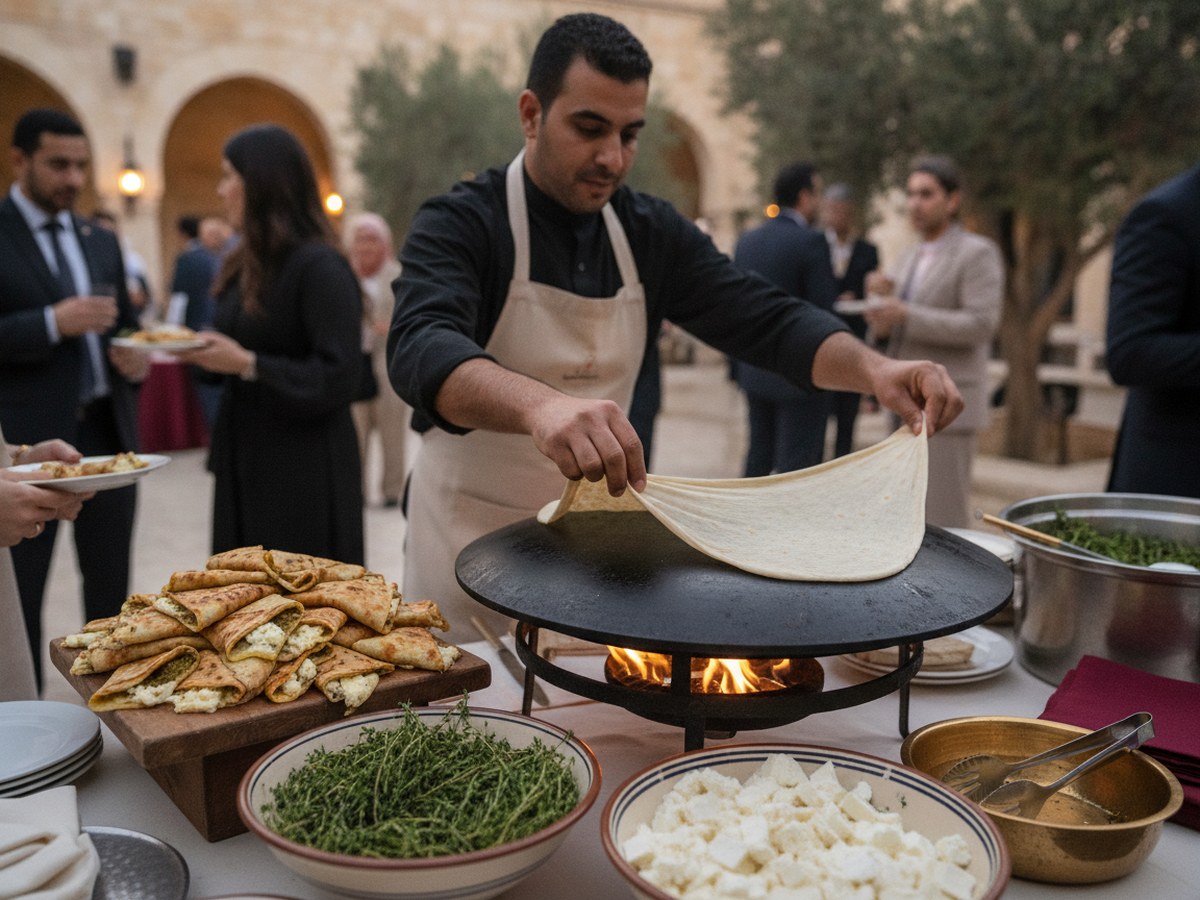 Saj bread being stretched over a domed griddle at an event