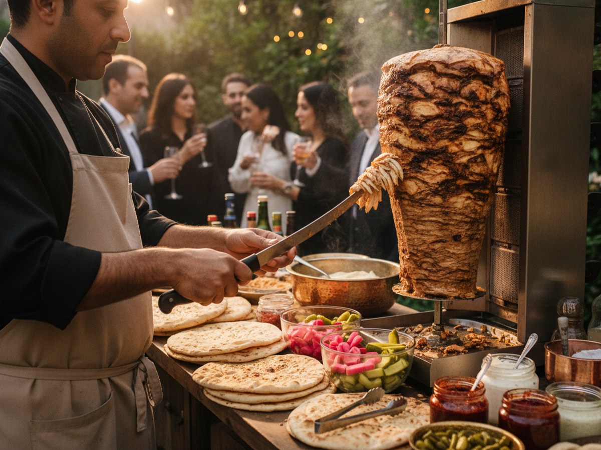 Carver slicing chicken shawarma off the spit at a wedding