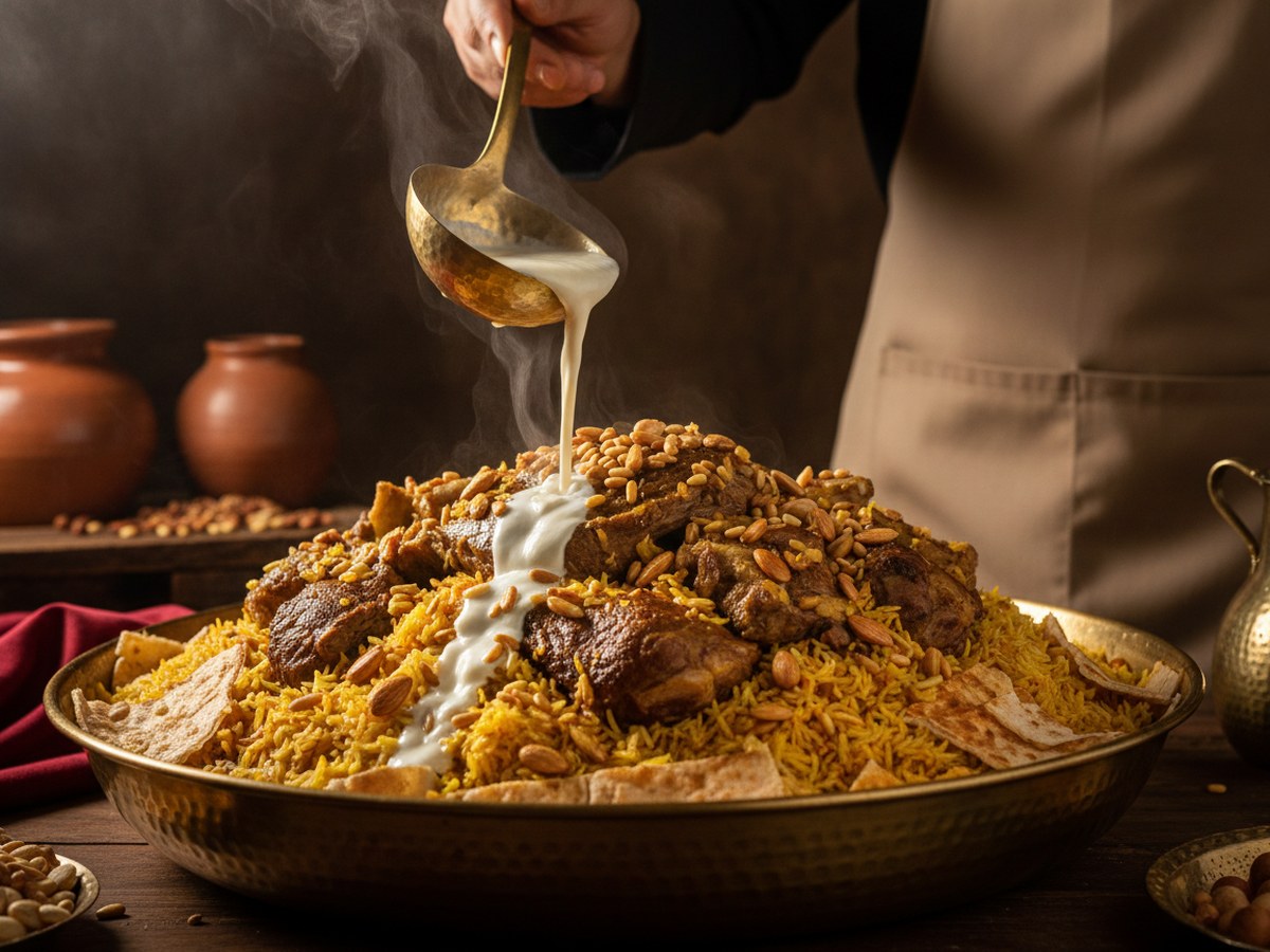 Traditional mansaf jidr with jameed broth poured over lamb and rice