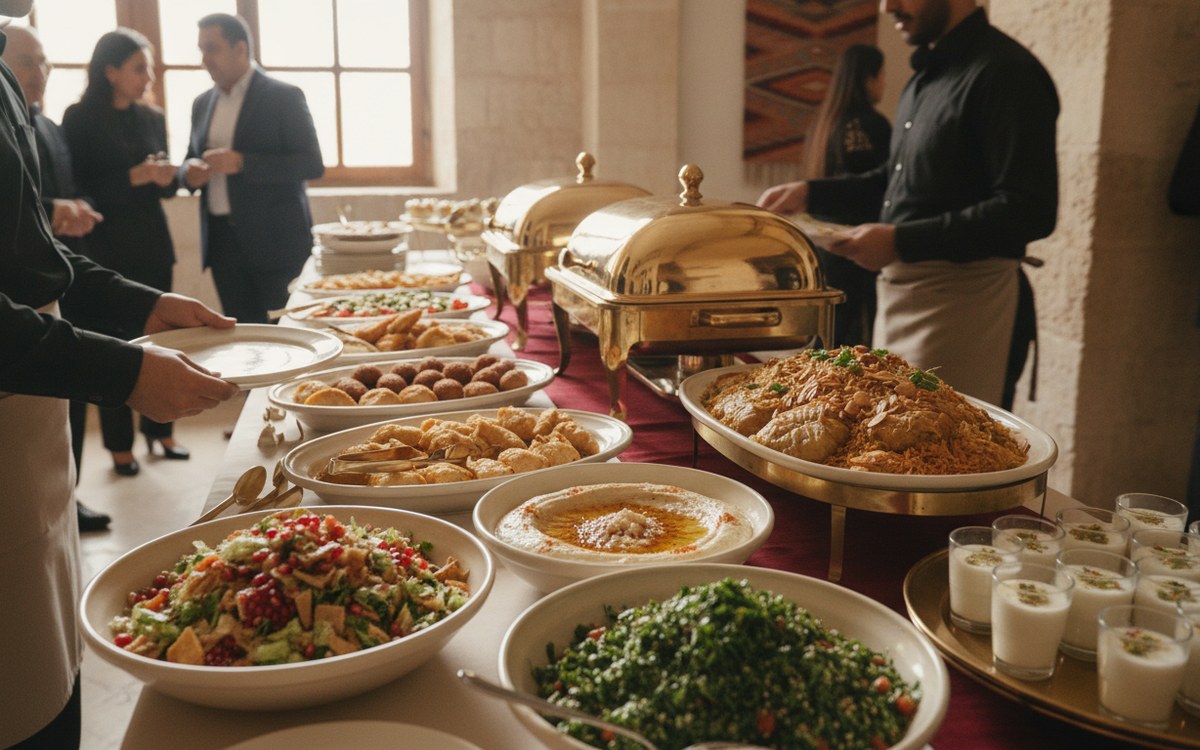 Silver package buffet spread with salads, mezze and chicken mains