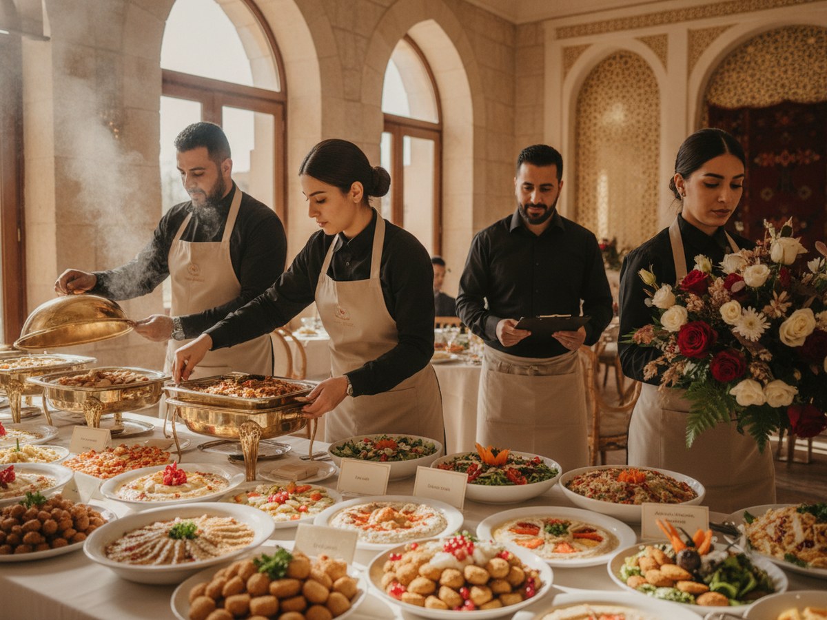 Lammeh service team in black aprons preparing a buffet line