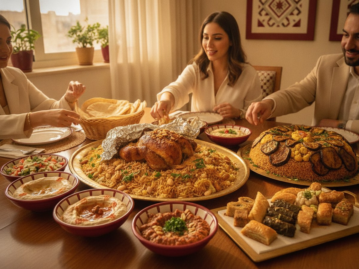Home gathering trays: ouzi, maqlouba and mezze spread ready for delivery
