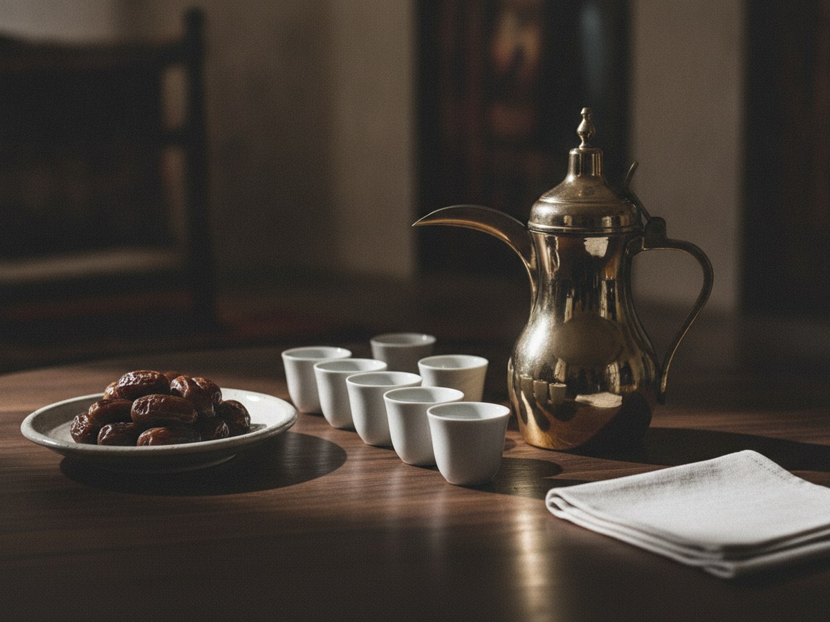 Bitter Arabic coffee cups and dates arranged simply on a dark table